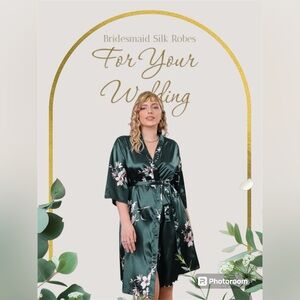 Elegant Floral Satin Robe - Dark Green with Pink Flowers Medium